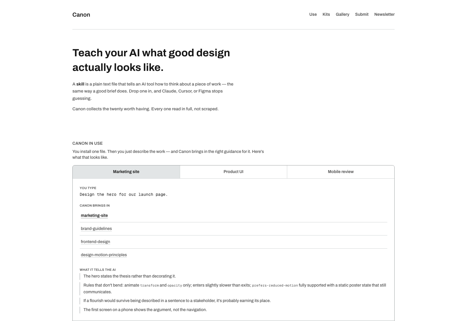 The live Canon homepage: Teach your AI what good design actually looks like, with the Canon in Use demo below