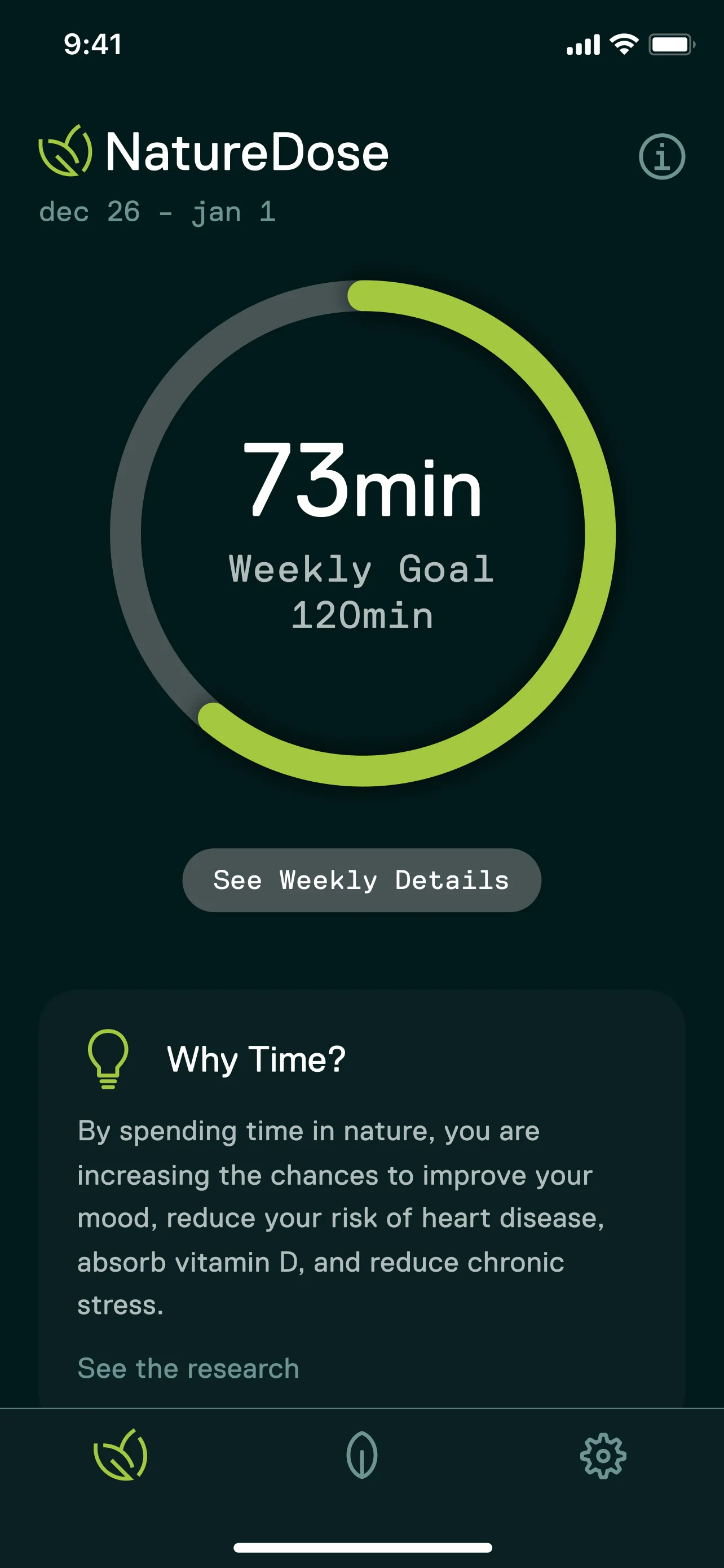 NatureDose home screen at full scale: a lime progress ring showing 73 minutes toward a 120 minute weekly nature goal