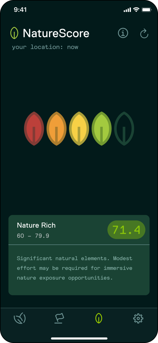 NatureScore screen in device: five leaves from red to deep green rate the current location