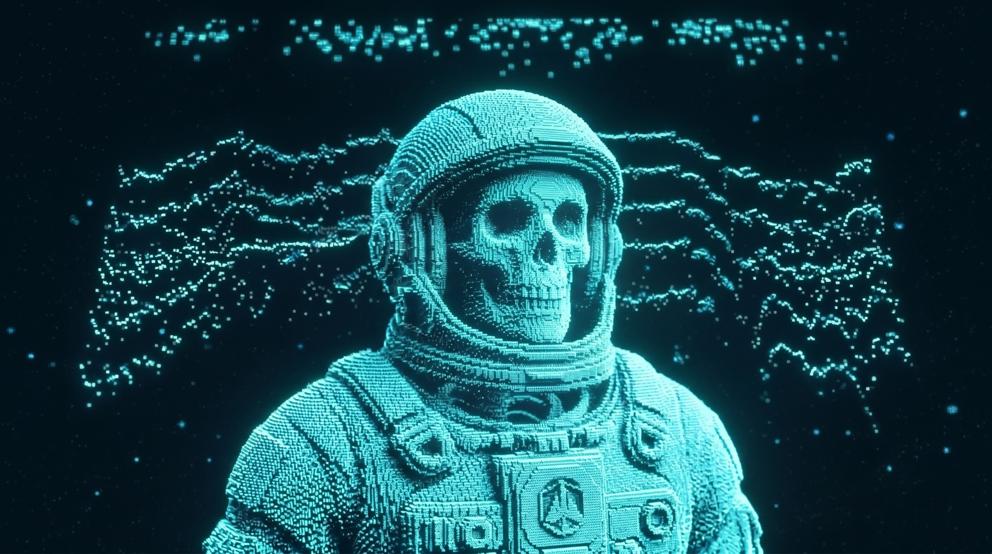 Runner card variant: voxel astronaut with skull visor over waveform terrain