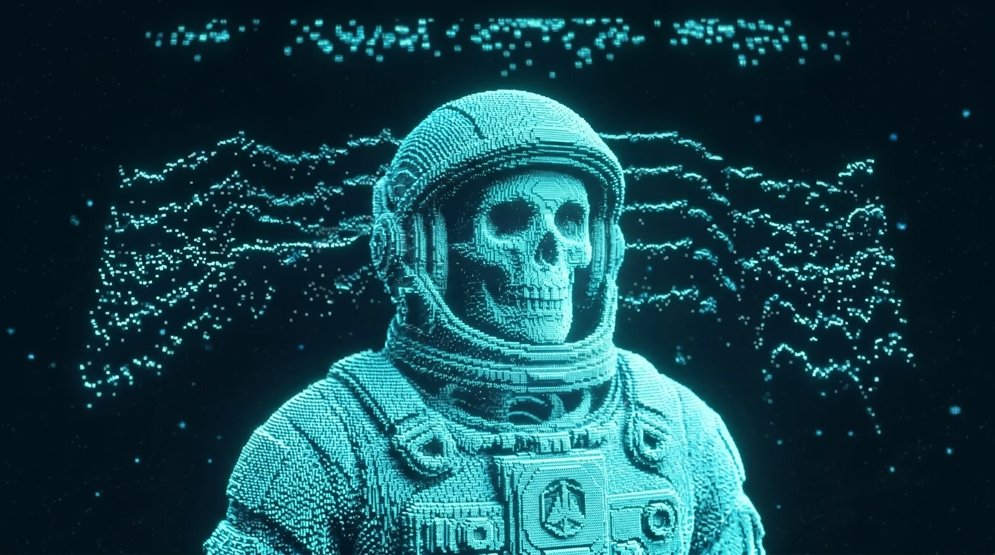 Runner card variant: voxel astronaut with skull visor over waveform terrain
