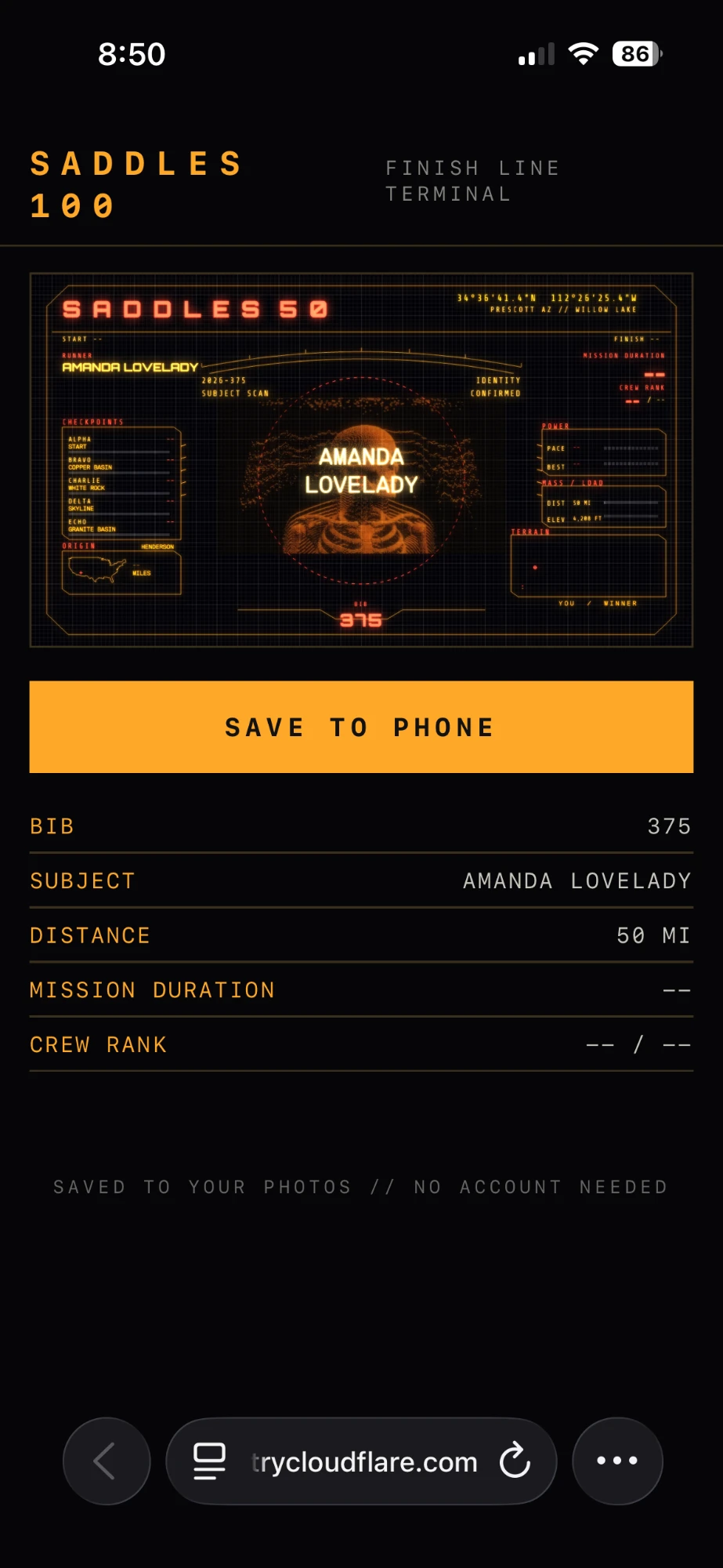 The finish line terminal on a phone: Amanda Lovelady's Saddles 50 card, bib 375, checkpoints and a save to phone button